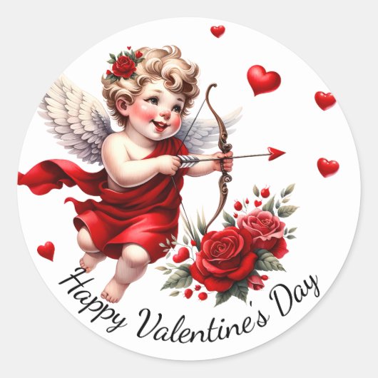 Gelukkige Valentijnsdag Cupido met Rode Harten & R Ronde Sticker (Voorkant)