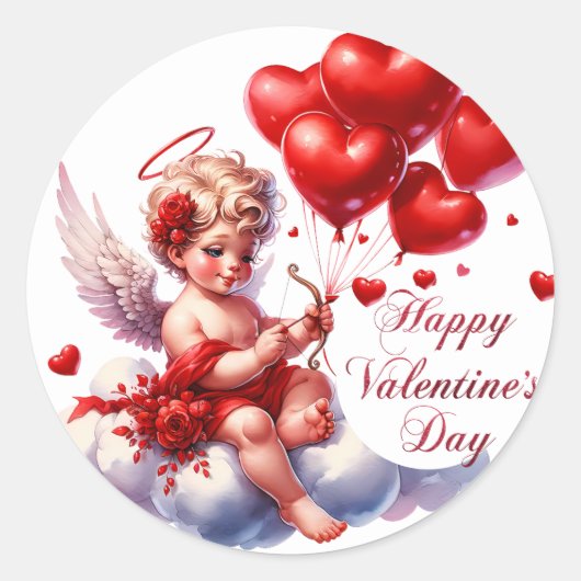 Gelukkige Valentijnsdag Cupido met Rode Harten Ronde Sticker (Voorkant)