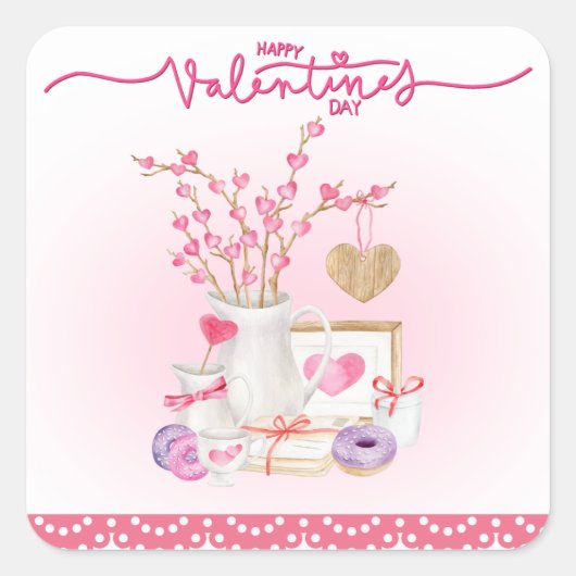 Gelukkige Valentijnsdag donuts vaas harten Vierkante Sticker (Voorkant)