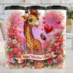Gelukkige Valentijnsdag Giraffe Bloemen Wrap Thermosbeker