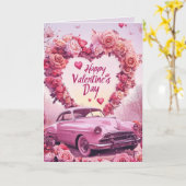 Gelukkige Valentijnsdag Hart en Rozen Roze kaart (Gele Bloem)
