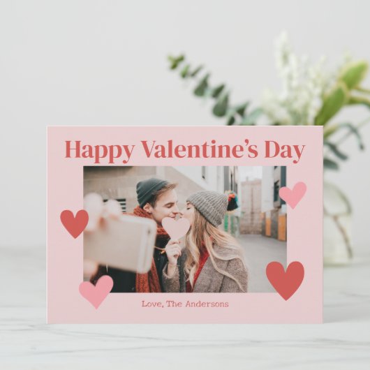 Gelukkige Valentijnsdag Hart Roze Fotokaart Bedankkaart (Staand voorkant)