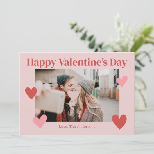 Gelukkige Valentijnsdag Hart Roze Rec Fotokaart Bedankkaart (Staand voorkant)