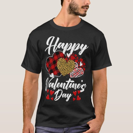 Gelukkige Valentijnsdag harten met Leopard Plaid V T-shirt (Voorkant)
