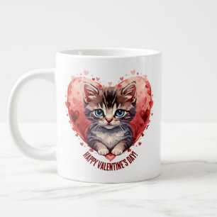 Gelukkige Valentijnsdag Kleine Kitten met Hart Grote Koffiekop