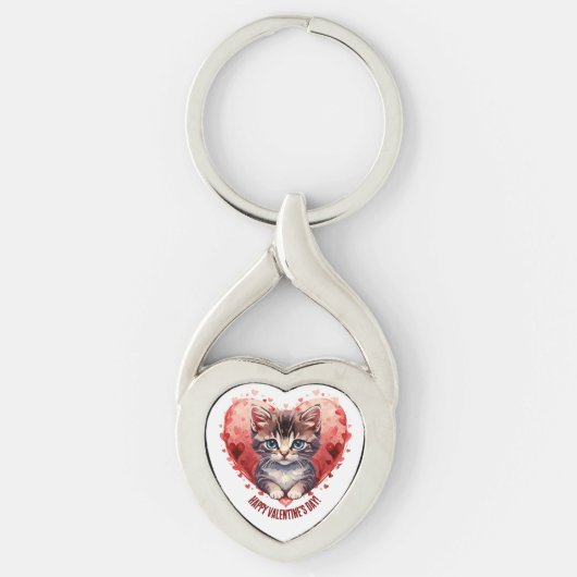 Gelukkige Valentijnsdag Kleine Kitten met Hart Sleutelhanger (Voorkant)