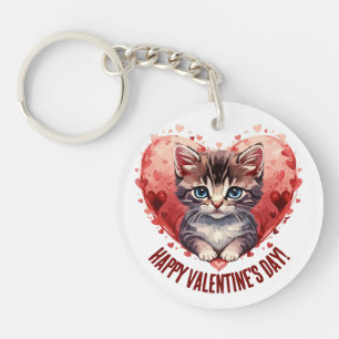Gelukkige Valentijnsdag Kleine Kitten met Hart Sleutelhanger