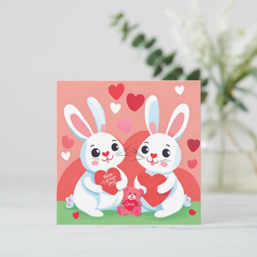 Gelukkige Valentijnsdag konijnenfamilie Feestdagenkaart (Staand voorkant)