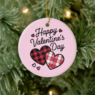 Gelukkige Valentijnsdag Leopard Plaid Love Heart Keramisch Ornament