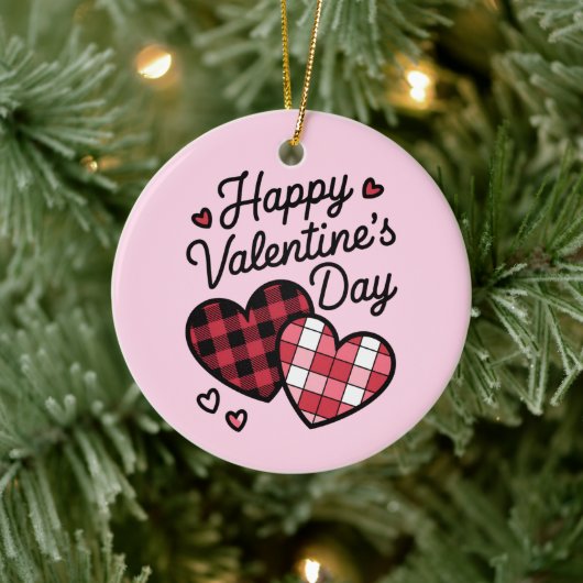 Gelukkige Valentijnsdag Leopard Plaid Love Heart Keramisch Ornament (Boom)