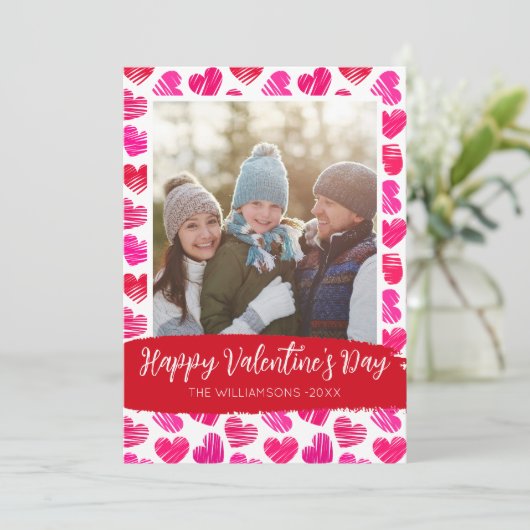 Gelukkige Valentijnsdag Moderne Rode Roze Harten F Feestdagenkaart (Staand voorkant)