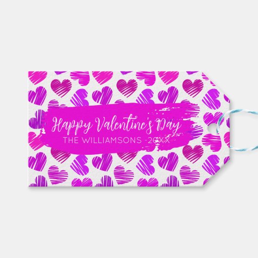 Gelukkige Valentijnsdag Moderne Rode Roze Harten N Cadeaulabel (Voorkant (Horizontaal))