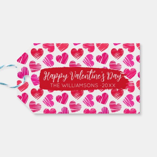 Gelukkige Valentijnsdag Moderne Rode Roze Harten N Cadeaulabel (Achterkant Horizontaal)