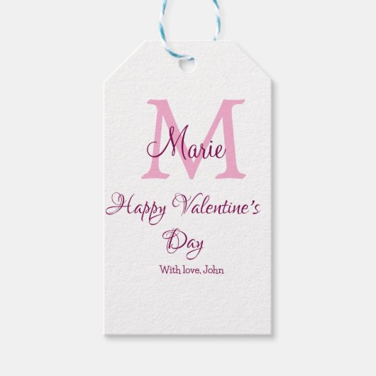 Gelukkige valentijnsdag monogram roze naam liefde  cadeaulabel (Voorkant)