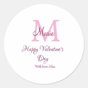 Gelukkige valentijnsdag monogram roze naam liefde ronde sticker