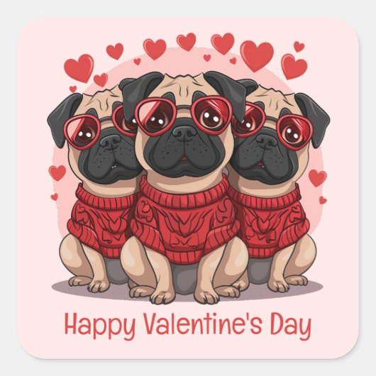 Gelukkige Valentijnsdag Pug Dogs Vierkante Sticker (Voorkant)