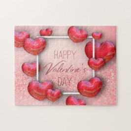 Gelukkige Valentijnsdag Rode 3D Harten Glitter Legpuzzel