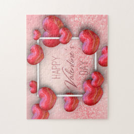 Gelukkige Valentijnsdag Rode 3D Harten Glitter Legpuzzel