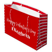 Gelukkige Valentijnsdag Rode en Witte Strepen Naam Groot Cadeauzakje (Achterkant Gekanteld)