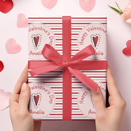 Gelukkige Valentijnsdag roze en rode strepen Cadeaupapier