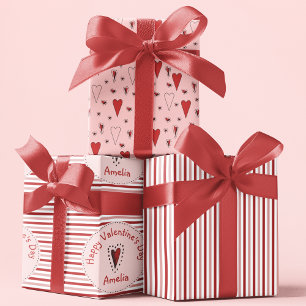 Gelukkige Valentijnsdag Roze en Rode Strepen & Har Inpakpapier Vel