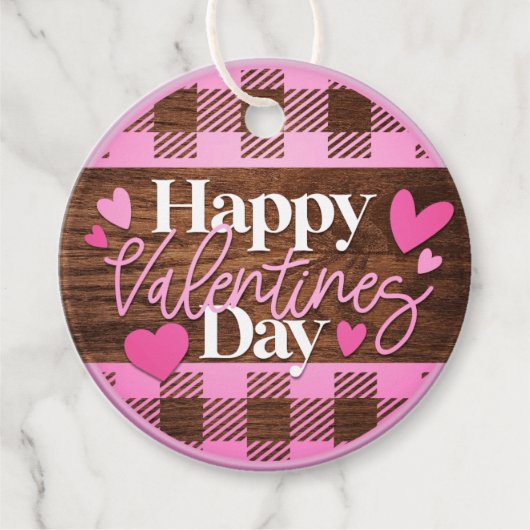 Gelukkige Valentijnsdag Roze en Wood Plaid Bedankjes Labels (Voorkant)