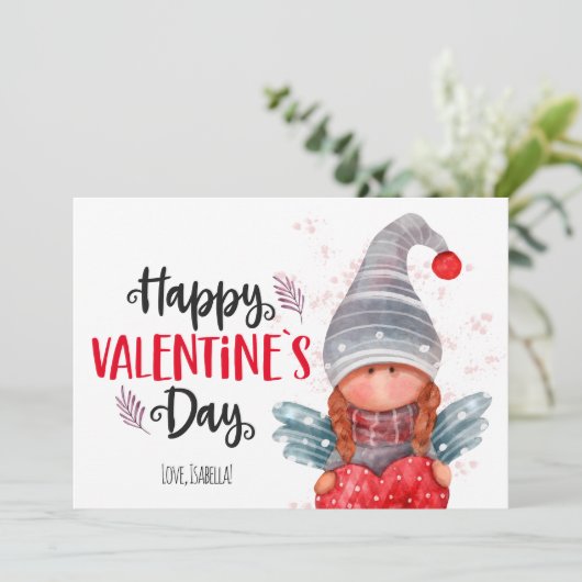 Gelukkige Valentijnsdag Script Spun Gnome Met Hart Feestdagenkaart (Staand voorkant)