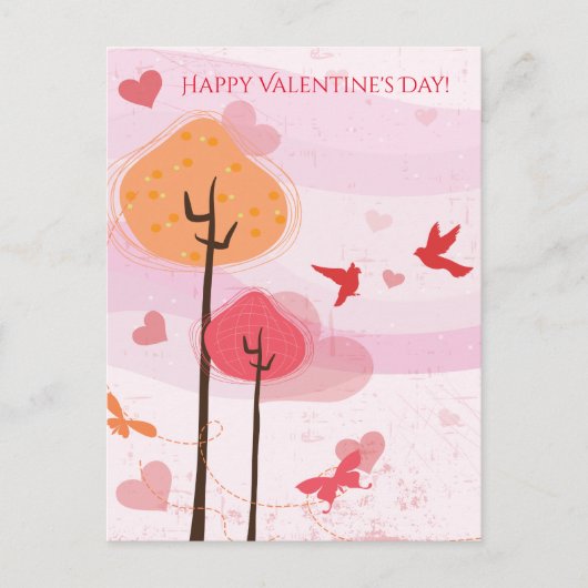 Gelukkige Valentijnsdag Vogels Vlinders Bomen Feestdagenkaart (Voorkant)
