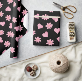 Gelukkige valentijnsdag Zwarte en roze harten Bloe Cadeaupapier
