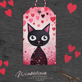 Gelukkige Valentijnsdag Zwarte Kat & Roze Harten Cadeaulabel
