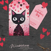 Gelukkige Valentijnsdag Zwarte Kat & Roze Harten Cadeaulabel