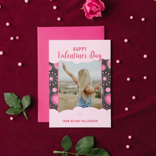 Gelukkige Valentijnse grillige roze harten bloem N Feestdagenkaart