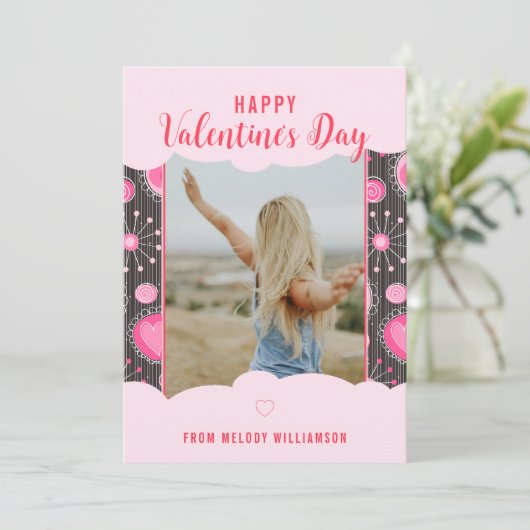 Gelukkige Valentijnse grillige roze harten bloem N Feestdagenkaart (Staand voorkant)