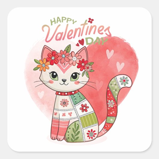 Gelukkige Valentijnse kat Vierkante Sticker (Voorkant)