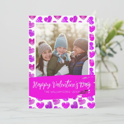 Gelukkige Valentijnse Moderne Paarse Roze Harten F Feestdagenkaart (Staand voorkant)