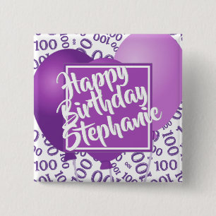 Gelukkige Verjaardag 100ste Nummer Patroon Paars/W Vierkante Button 5,1 Cm