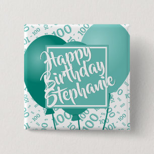 Gelukkige Verjaardag 100ste Nummer Patroon Turquoi Vierkante Button 5,1 Cm