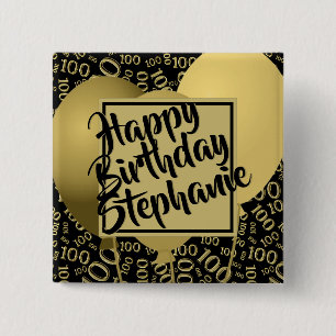 Gelukkige verjaardag 100ste Nummer Patroon Zwart/G Vierkante Button 5,1 Cm