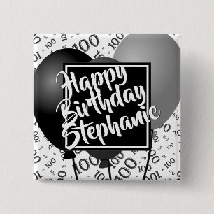 Gelukkige verjaardag 100ste Nummer Patroon Zwart/W Vierkante Button 5,1 Cm