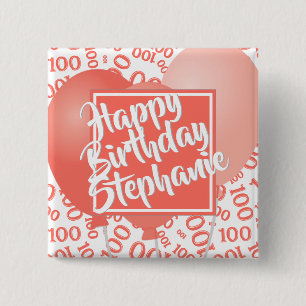 Gelukkige verjaardag 100ste Nummerpatroon Koraal/W Vierkante Button 5,1 Cm