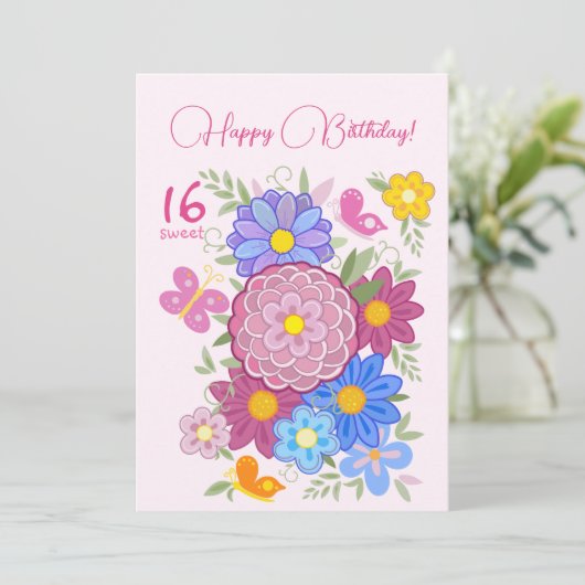 Gelukkige verjaardag! 16 bloemen en vogels kaart (Staand voorkant)