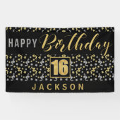 Gelukkige Verjaardag 16 met Naam Zwart en Goud Spandoek (Horizontaal)
