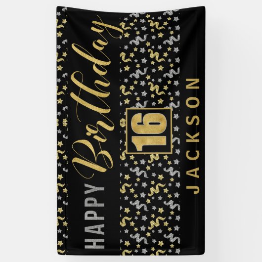 Gelukkige Verjaardag 16 met Naam Zwart en Goud Spandoek (Verticaal)