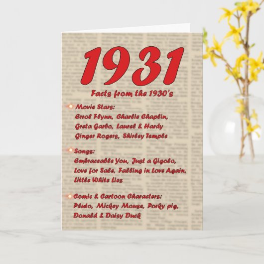 Gelukkige Verjaardag 1931 Geboortejaar 30's 30s Kaart (Gele Bloem)