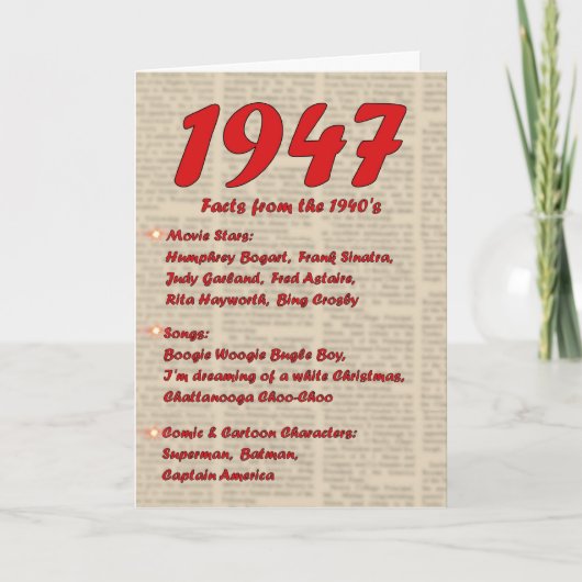 Gelukkige Verjaardag 1947 Geboortejaar nieuws 40's Kaart (Voorkant)