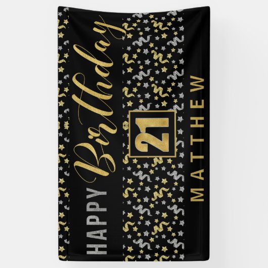 Gelukkige Verjaardag 21 met Naam Zwart en Goud Spandoek (Verticaal)