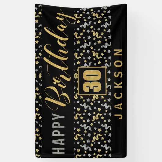 Gelukkige Verjaardag 30 met Naam Zwart en Goud Spandoek (Verticaal)