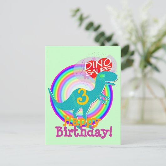 Gelukkige Verjaardag 3 jaar Blue Dino T-Rex Briefk Briefkaart (Staand voorkant)