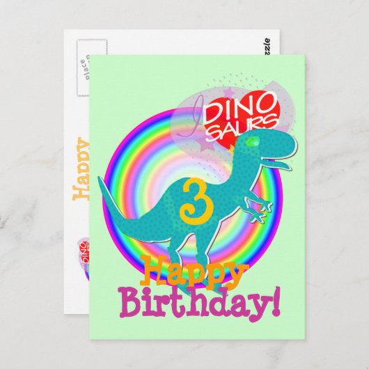Gelukkige Verjaardag 3 jaar Blue Dino T-Rex Briefk Briefkaart (Voorkant / Achterkant)
