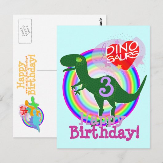 Gelukkige Verjaardag 3 Jaar T-Rex Dino Briefkaart (Voorkant / Achterkant)